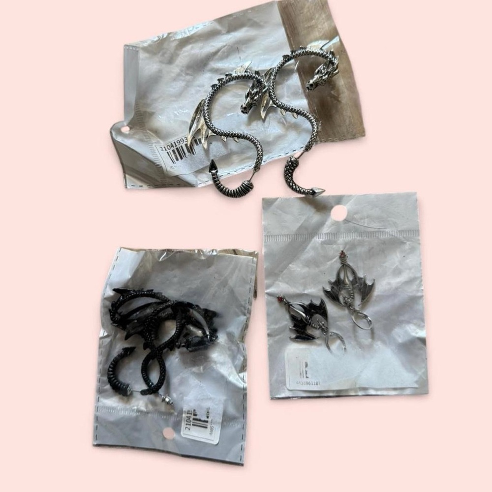bundle of three sets Silver and Black Dragon Earrings Set